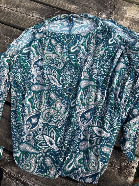 Cato Tops - Cato Teal, Navy and White Paisley Long-Sleeve Tunic